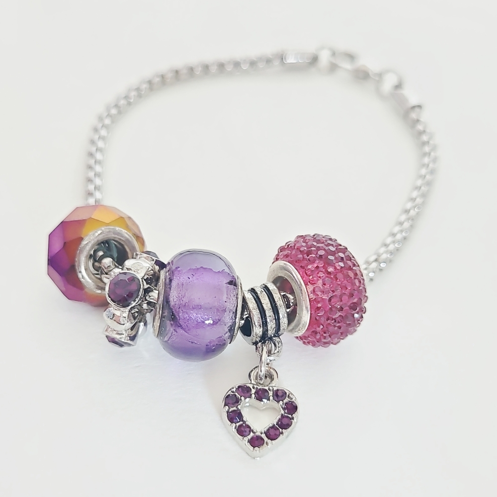 Pandora Style Charm Bracelet Pink Purple Rhinestone Heart Silver Tone